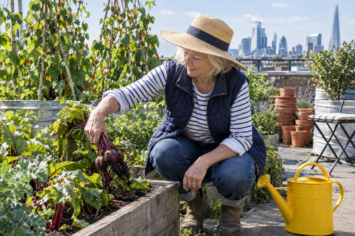 An older woman in a straw hat lifts beetroot from a raised bed on a rooftop allotment beside a yellow watering can.
