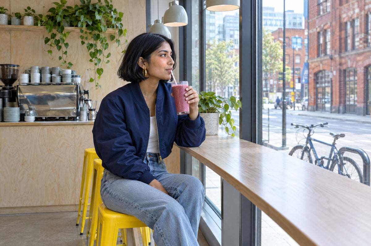 A young woman sips a berry smoothie on a yellow stool at the window of a modern café.