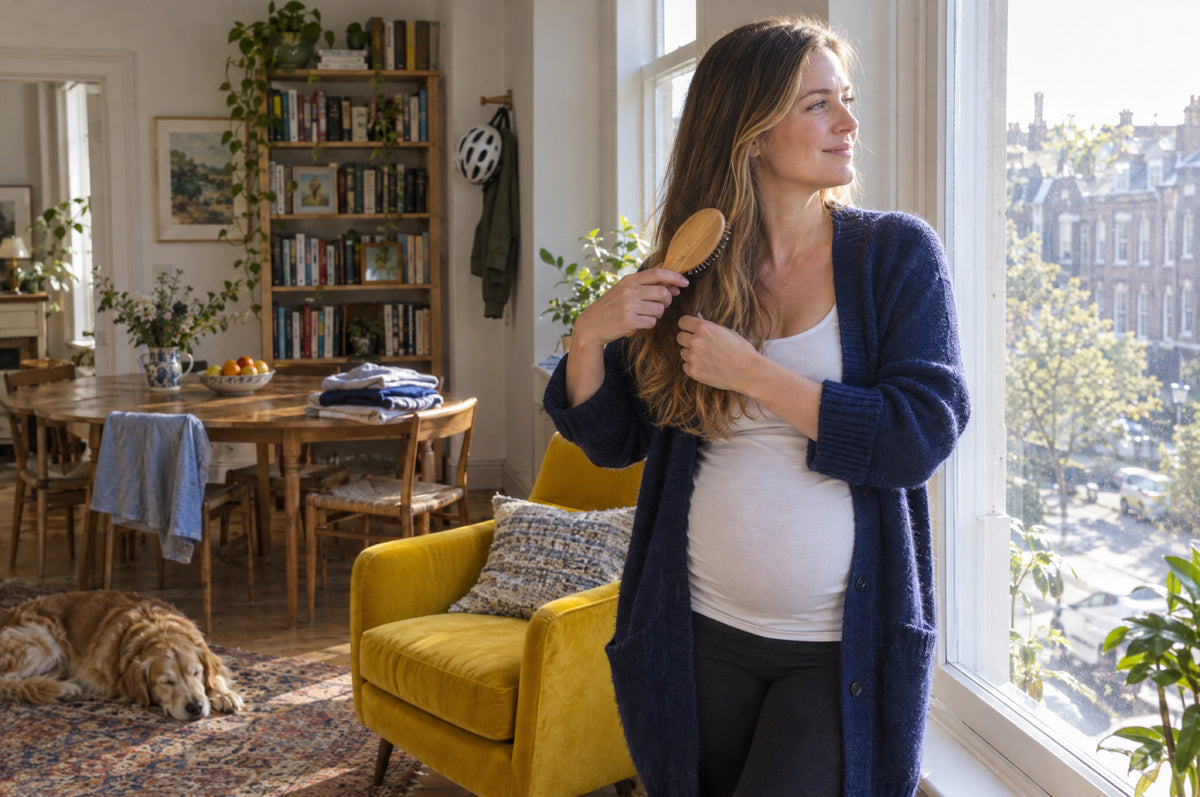 A pregnant woman brushes her hair at a bright window next to a yellow armchair.