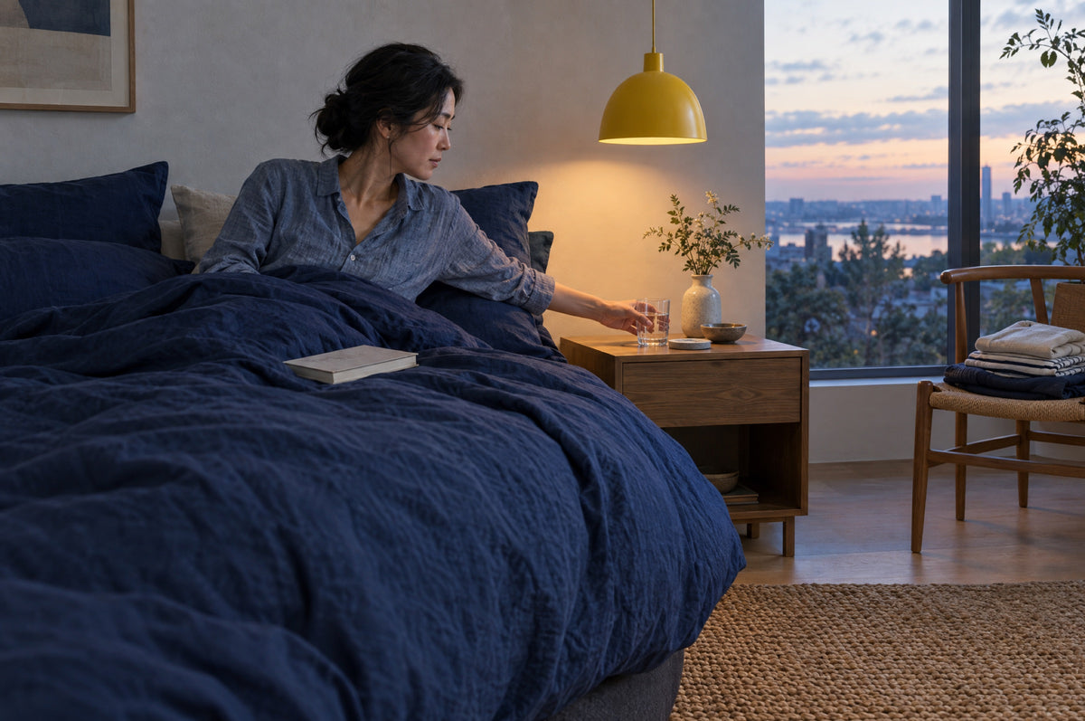 A woman sets a glass of water on a bedside table under a yellow pendant lamp in a navy-linen bed at dusk.
