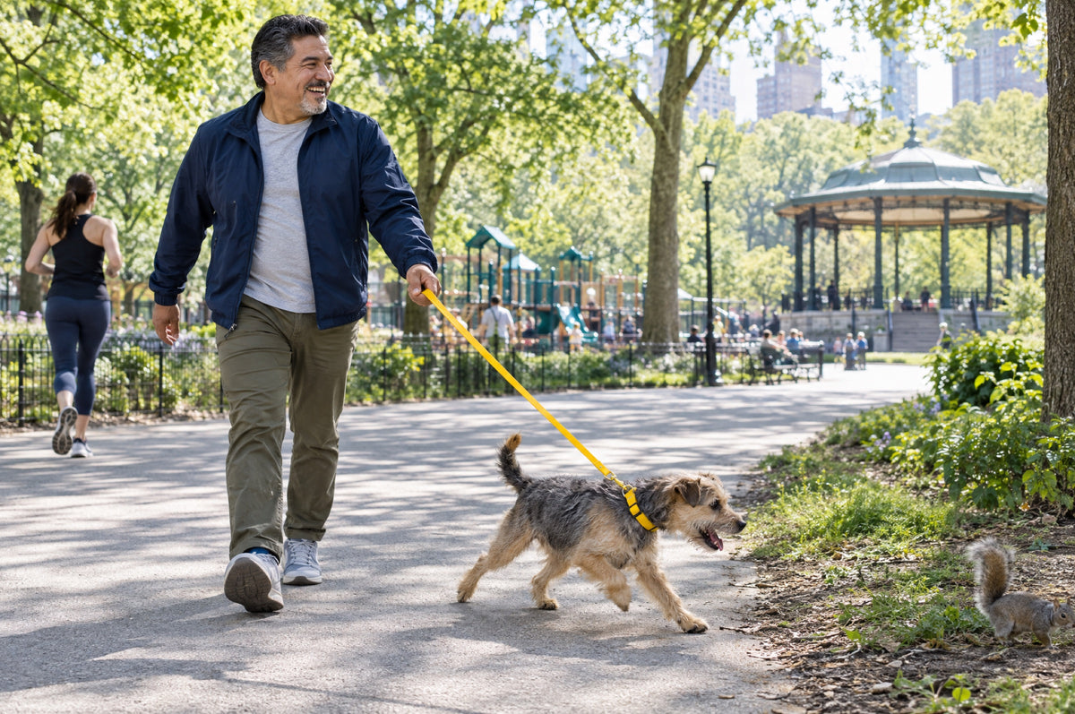 A man in a navy jacket walks a terrier on a yellow lead through a sunny park.