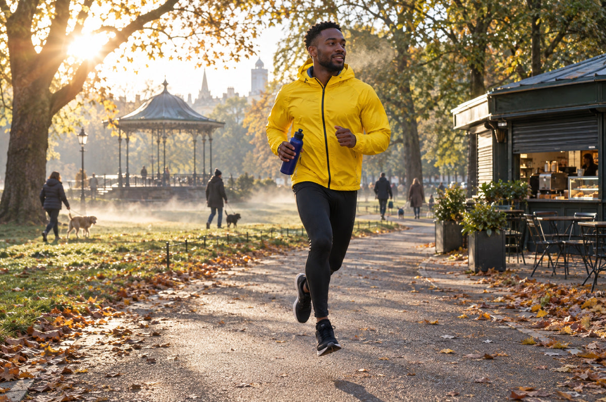 A man in a yellow running jacket runs along a sunlit park path holding a navy water bottle.