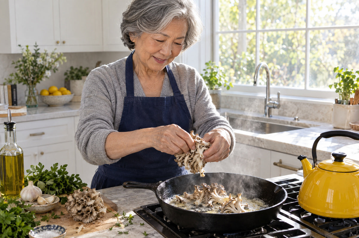 An older woman tears mushrooms into a hot pan in a bright kitchen beside a yellow kettle.