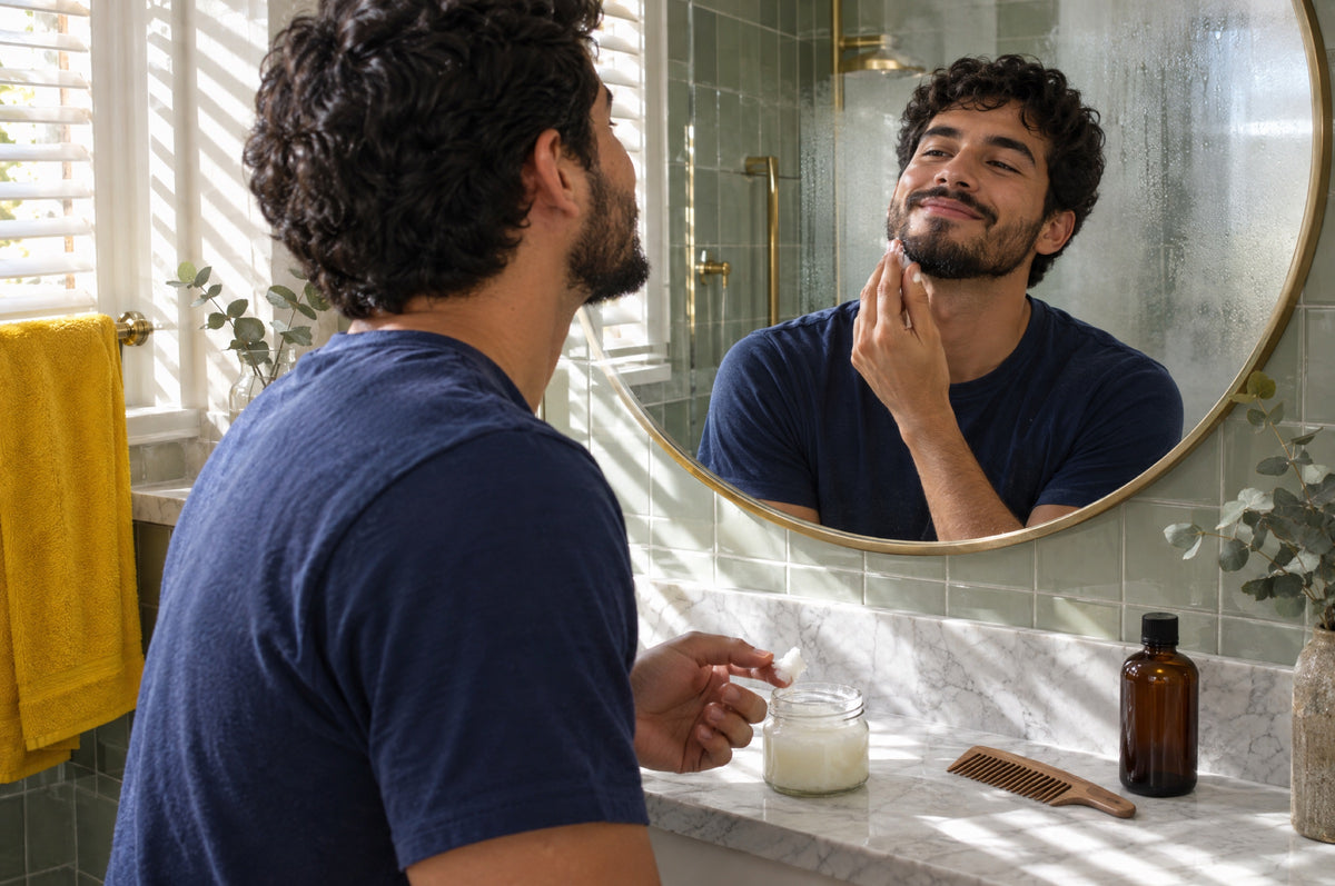 A man scoops coconut oil from a jar at a bright bathroom vanity beside a yellow towel.