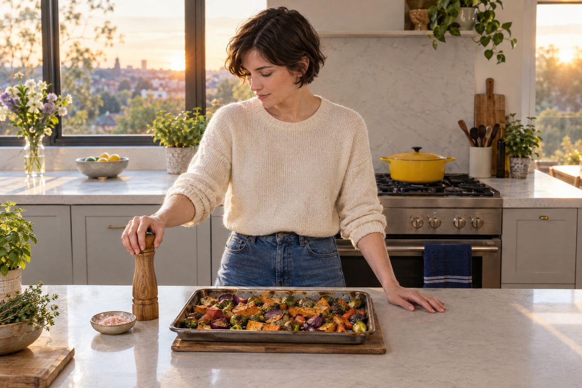 A British woman in her thirties at a bright modern kitchen island, one hand resting on a wooden salt grinder beside a tray of roasted vegetables, a large yellow casserole dish on the hob and a navy tea towel over the oven rail.