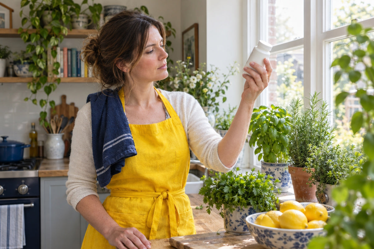 A woman in a yellow apron holds a plain white capsule bottle up to read it in a bright plant-filled kitchen, a navy tea towel over her shoulder.
