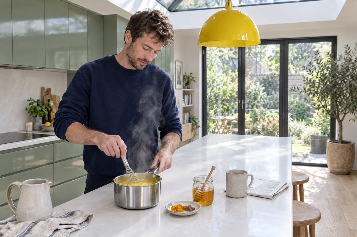 A man whisks a turmeric latte in a saucepan at a kitchen island under a yellow pendant lamp.
