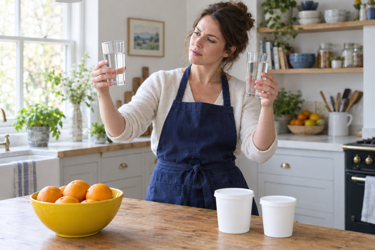 A woman in a navy apron compares two clear glasses of water side by side at a wooden kitchen table, a yellow bowl of oranges beside her.