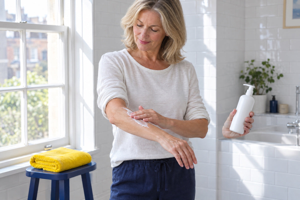 A British woman in her fifties smooths cream onto her forearm in a bright white-tiled bathroom, a plain pump bottle in her other hand, a yellow towel folded on a navy stool beside her and morning light through the window