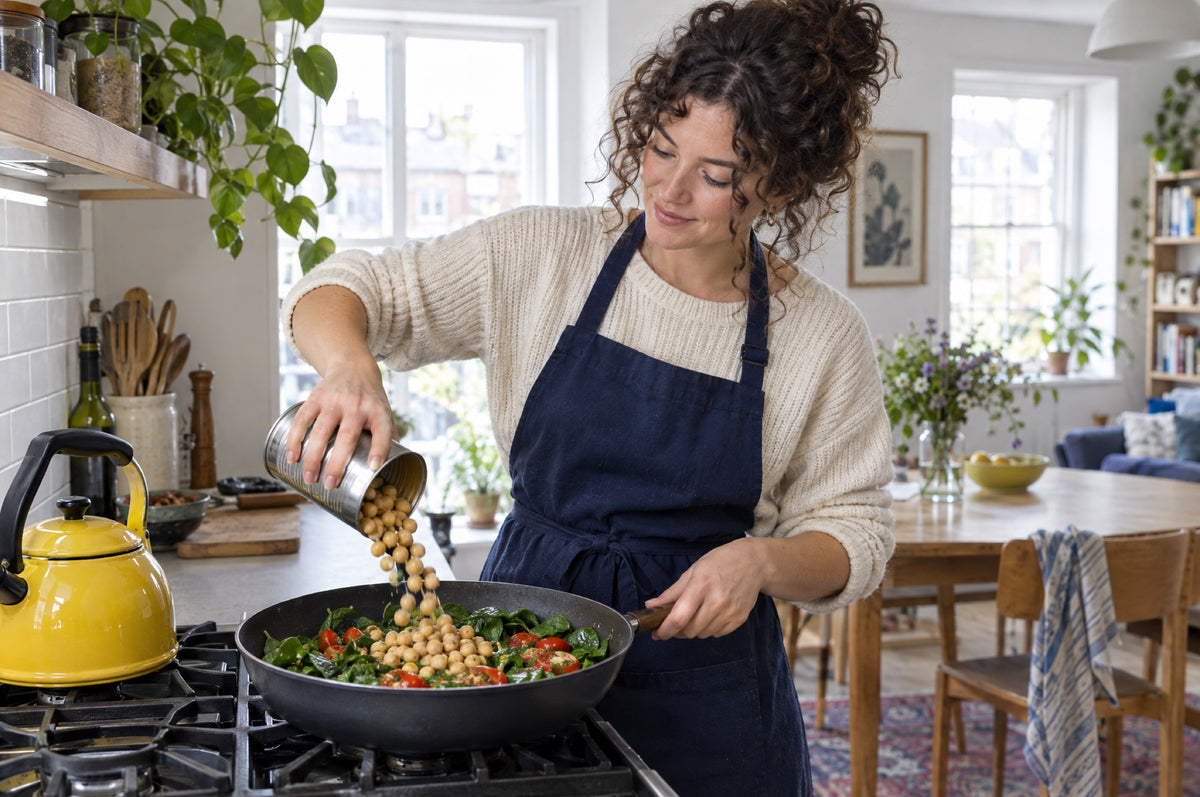 A woman with curly hair in a navy apron tips a tin of chickpeas into a pan of spinach and tomatoes at the hob, a yellow kettle beside her in a bright flat.