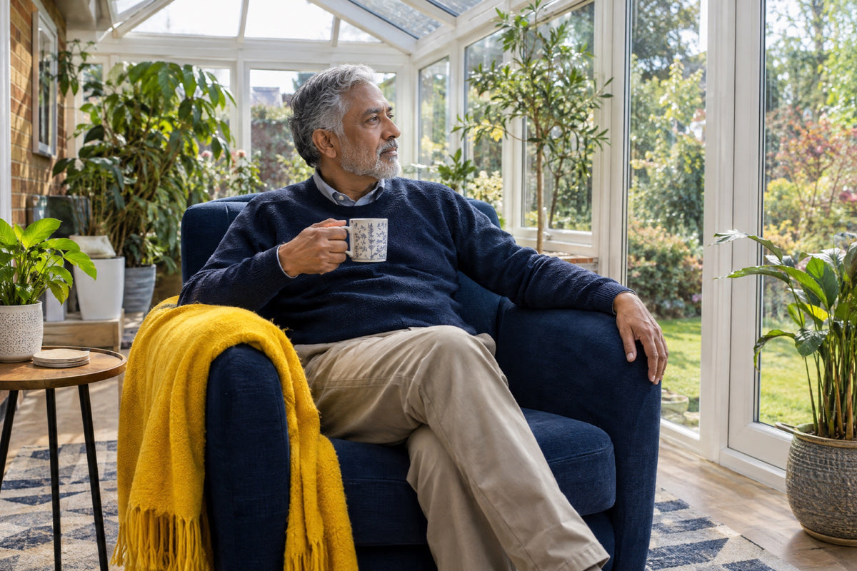 A man in his sixties sits in a navy armchair in a sunny conservatory holding a mug of tea and looking out at the garden, a yellow wool throw draped over the arm of the chair.