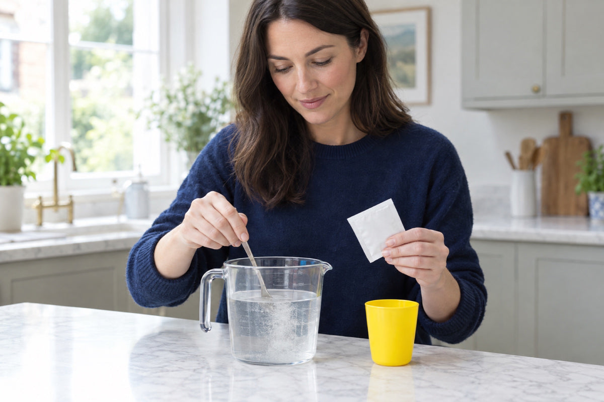 A dark-haired woman in a navy jumper stirs a jug of water with a spoon while holding a plain white sachet, with a yellow beaker on the marble worktop