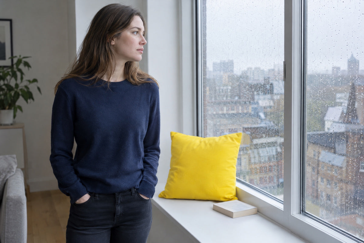 A young woman in a navy jumper stands at a tall window of a bright flat looking out at the rain, hands in her jeans pockets, a bright lemon-yellow cushion and a closed paperback on the window seat beside her