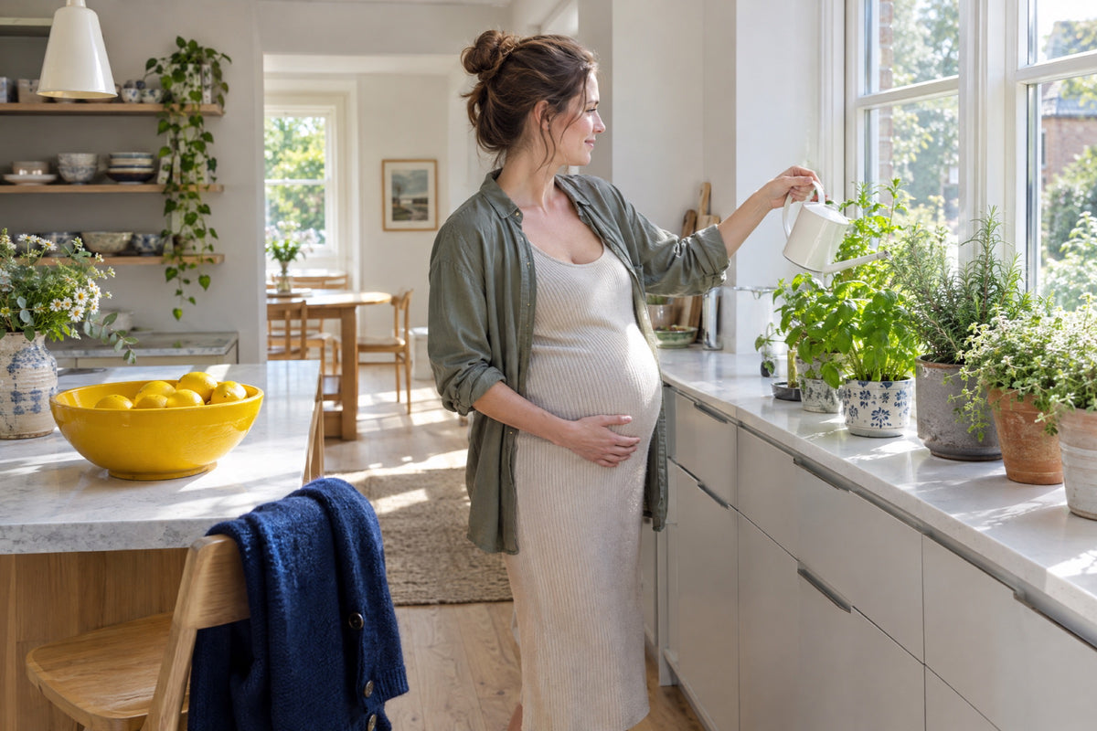 A pregnant British woman in her early thirties waters herbs on the sill of a bright modern kitchen, one hand resting on her bump, a large yellow ceramic bowl of lemons on the counter and a navy wool cardigan over a chair