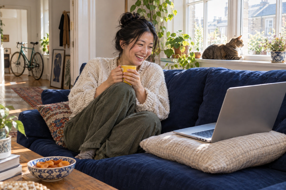 A woman laughs at her laptop while holding a yellow mug on a navy sofa in a sunny flat.