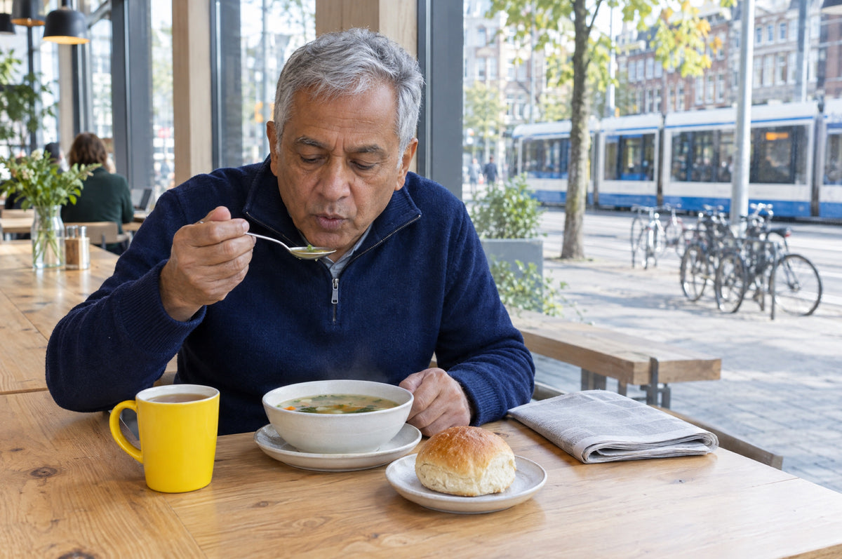 An older man eats broth and bread at a bright café window with a yellow mug of tea.