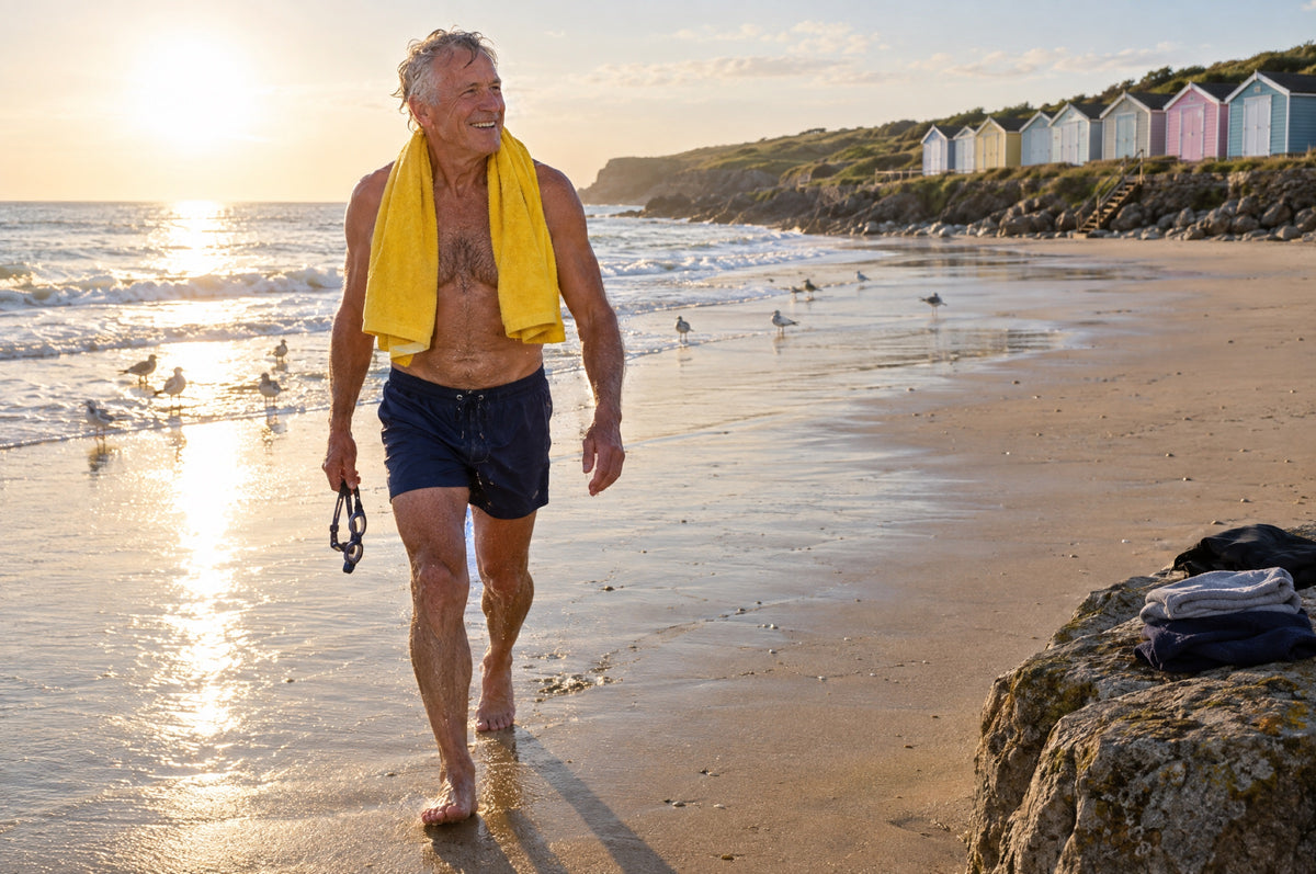 An older man walks up a sunny beach after a sea swim with a yellow towel around his neck.