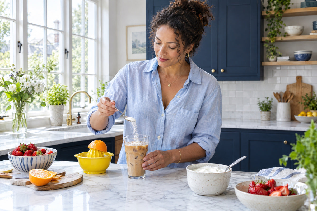 A woman in a blue linen shirt stirs a spoonful of collagen powder into an iced coffee at a marble kitchen island, a yellow citrus juicer and a bowl of strawberries beside her.