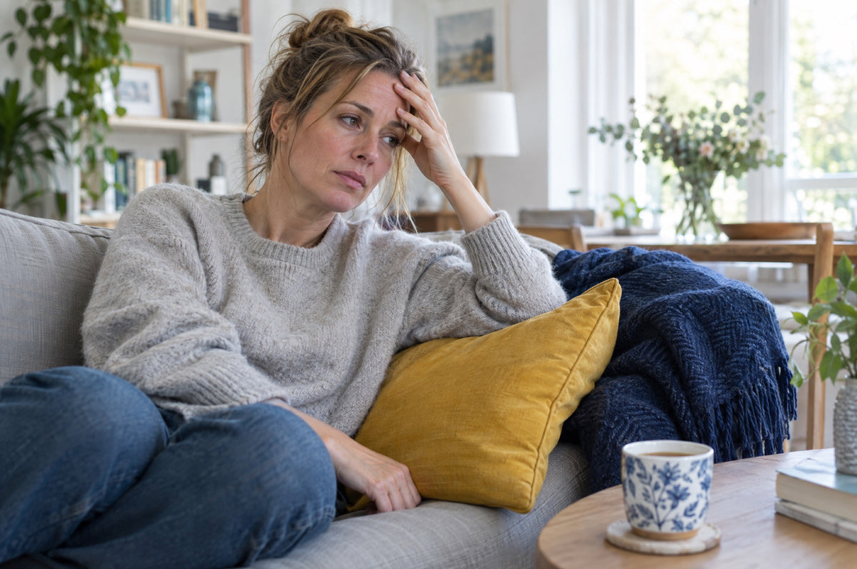 A tired-looking woman in a grey jumper rests her head on her hand on a sofa, a yellow cushion and navy throw beside her and a cup of tea cooling on the table.