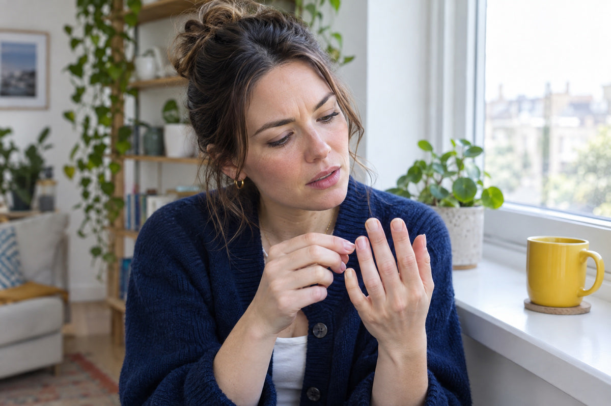 A woman in a navy cardigan examines her fingernails closely in daylight by a window, a yellow mug on the sill and plants on the shelf behind her.