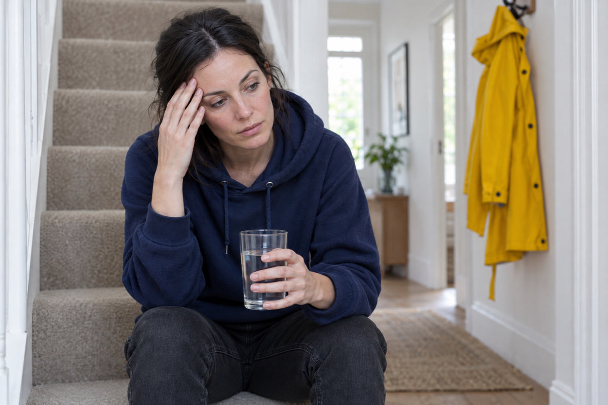 A tired woman in a navy hoodie sits on a carpeted stair holding a glass of water and resting her other hand on her forehead, a yellow raincoat on a hook