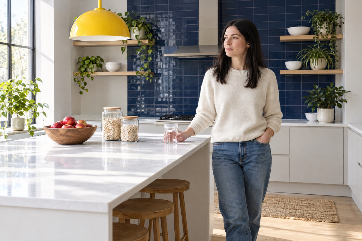 A British woman in her thirties walks past a bright kitchen island in morning light, one hand on a glass of water beside jars of oats and a bowl of apples, a yellow pendant lamp above and navy tiles behind.