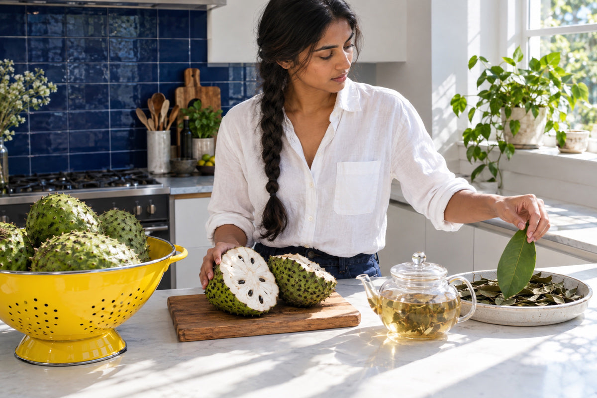 A British woman in a white shirt rests one hand on a halved green soursop with white pulp and lifts a soursop leaf from a dish of dried leaves at a kitchen island, a yellow colander of fruit beside her and navy tiles behind.