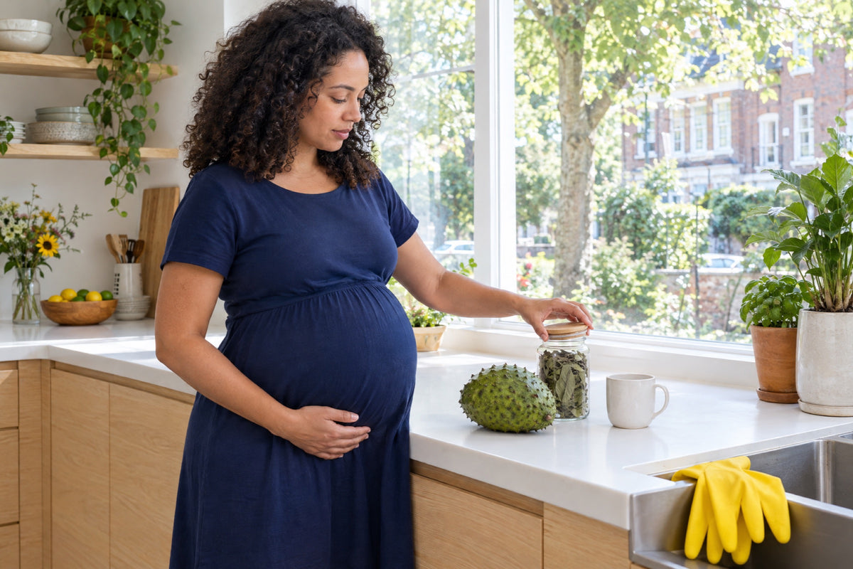 A pregnant British woman in a navy dress rests one hand on her bump and puts the lid back on a jar of dried soursop leaves at a bright kitchen counter, yellow washing-up gloves over the sink edge and a whole green soursop beside her.
