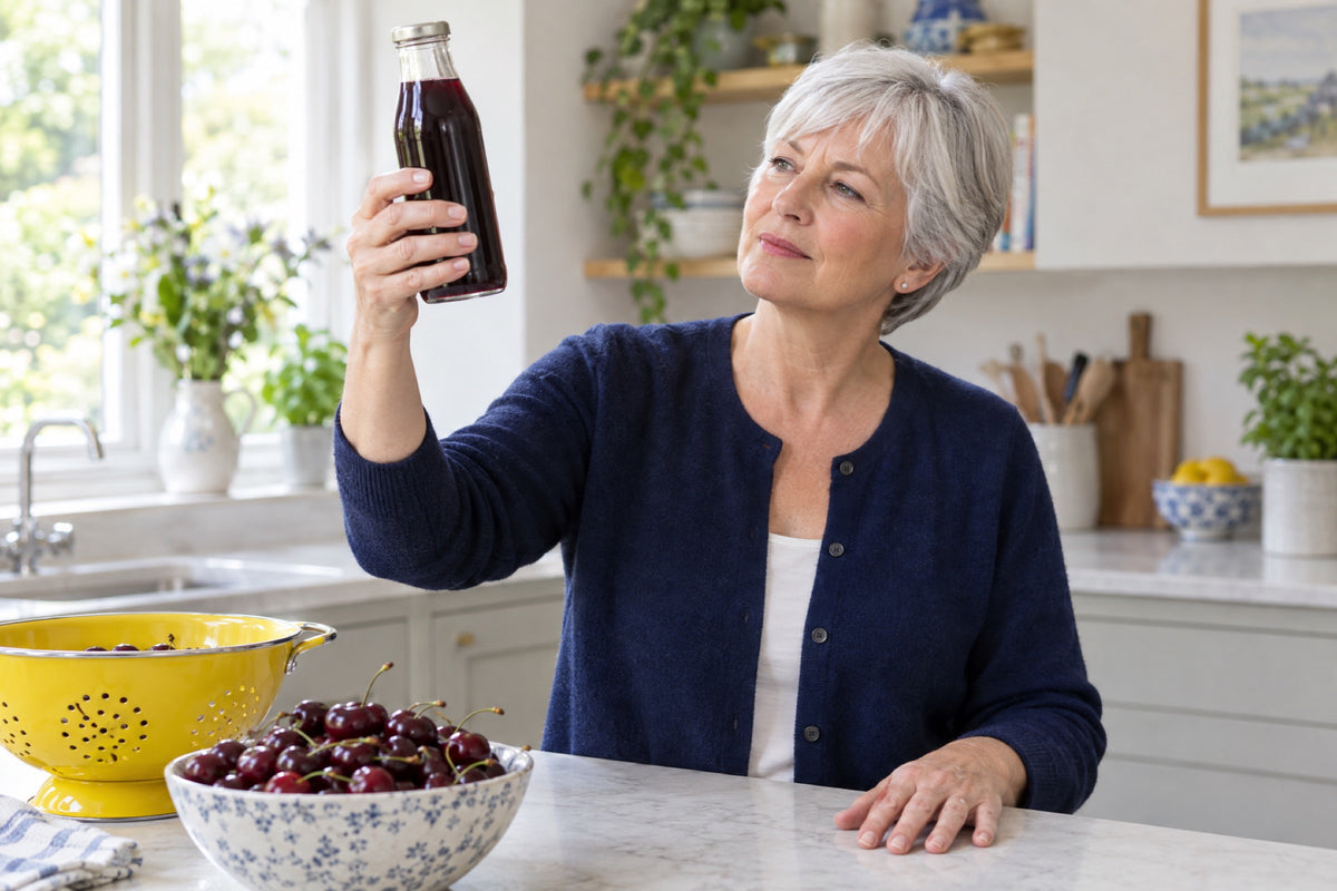 An older woman in a navy cardigan at a marble kitchen counter, holding a bottle of cherry juice up to read it, with fresh cherries in a yellow colander