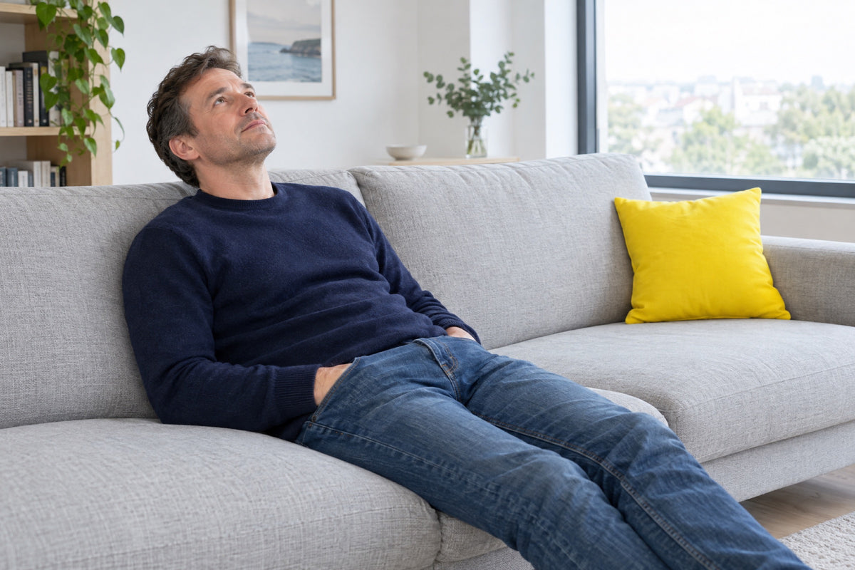 A man in a navy jumper and jeans leans back on a grey sofa with his hands in his pockets, gazing up at the ceiling, a yellow cushion at the far end.