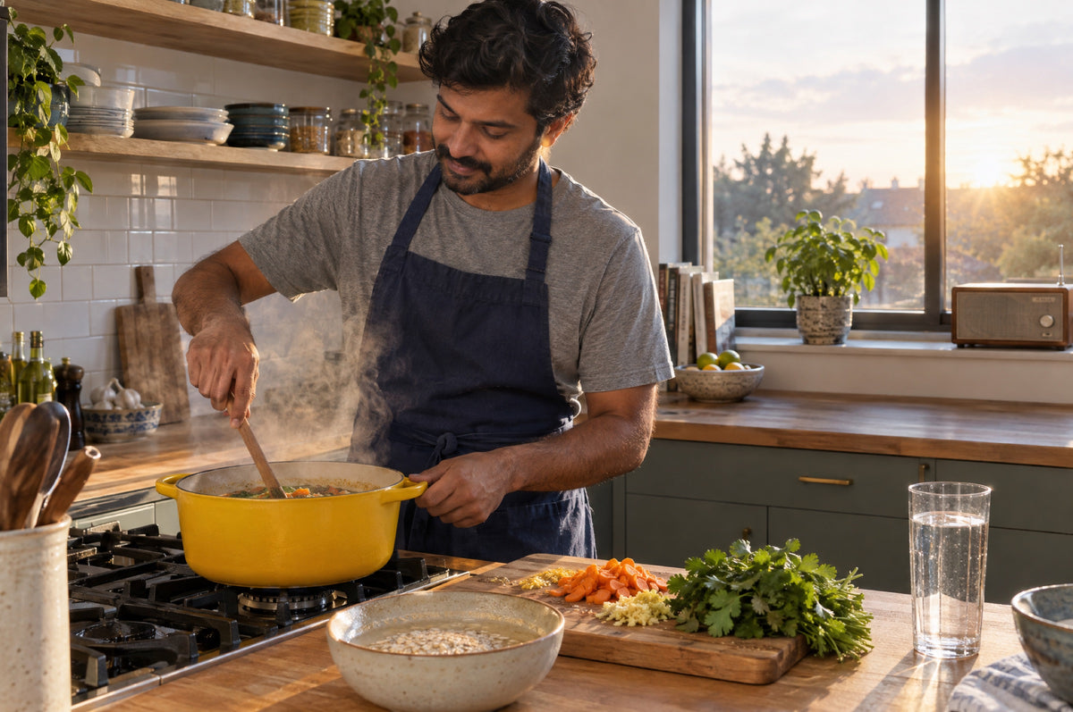 A man in a navy apron stirs a yellow casserole on the hob as steam catches the evening light.