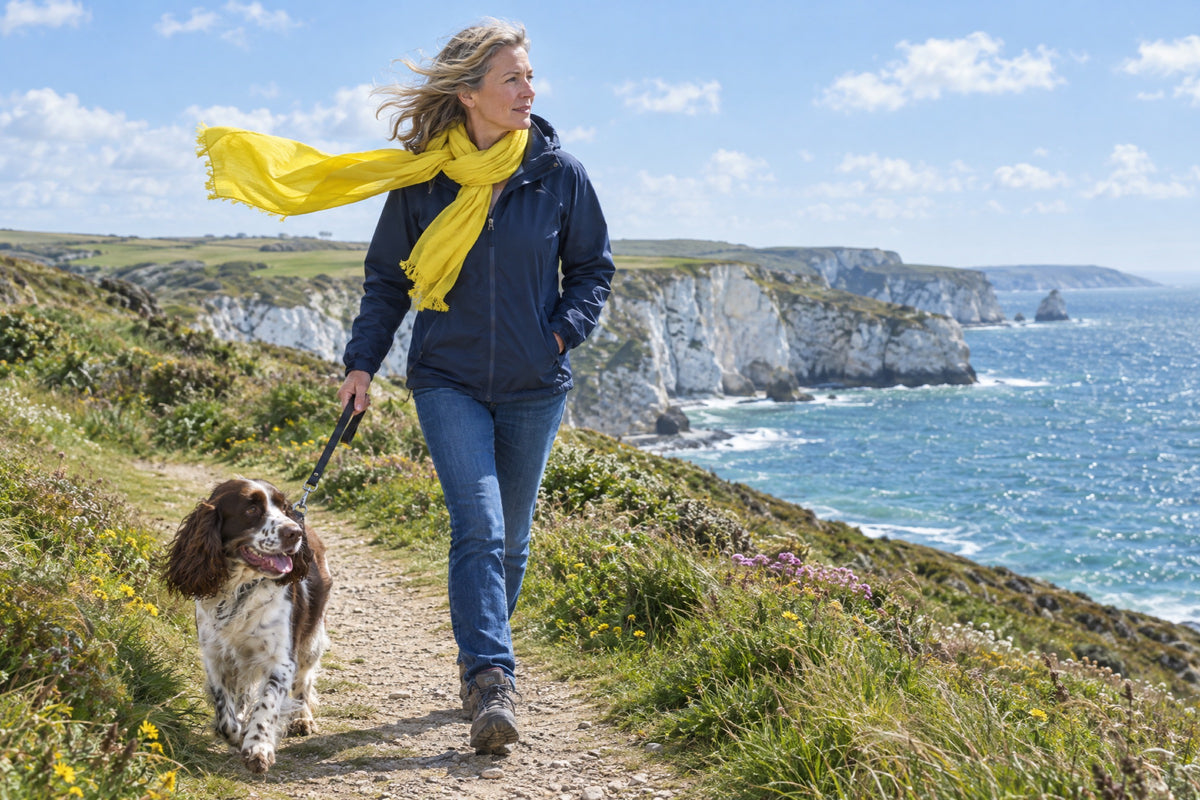 A British woman in her fifties walking a spaniel along a sunny coastal path, one hand holding the lead and the other in the pocket of her navy windbreaker, a yellow scarf lifting in the breeze