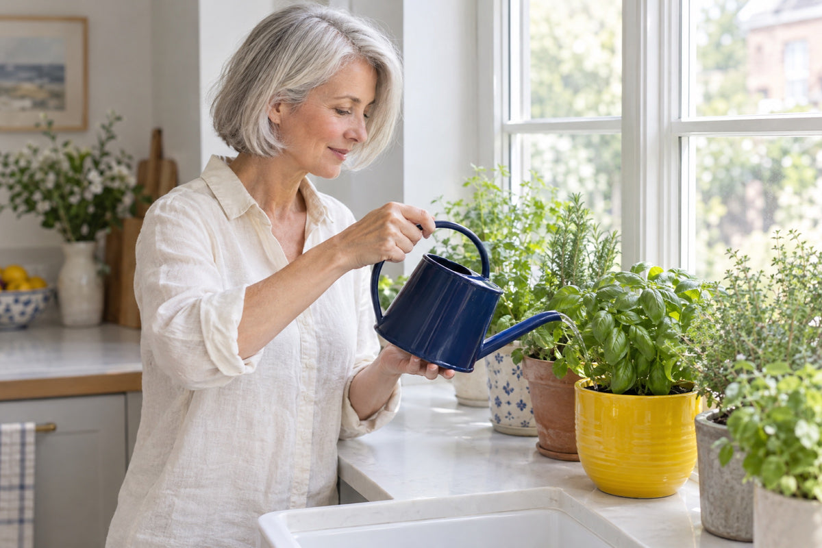 A silver-haired woman in a linen shirt waters pots of fresh herbs on a sunny windowsill with a navy watering can, a yellow plant pot in front of her