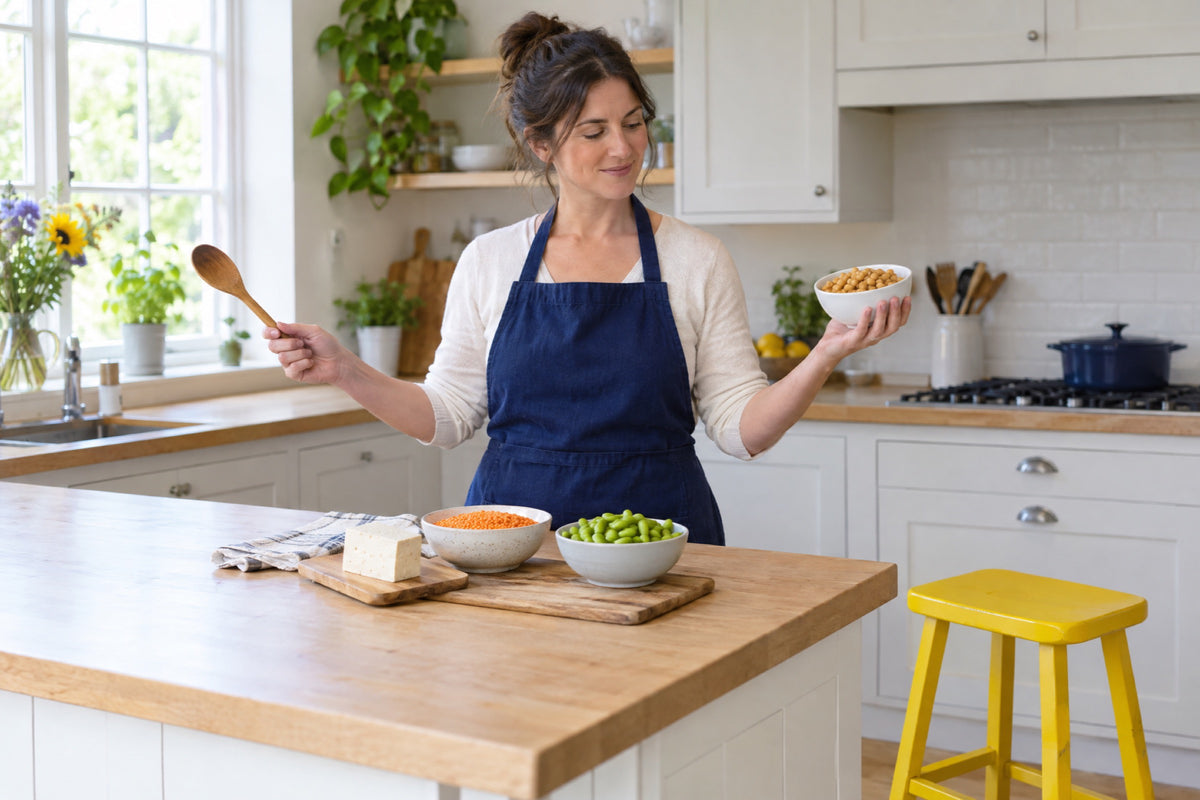 A British woman in her thirties in a navy apron at a bright kitchen island, a wooden spoon raised in one hand and a bowl of chickpeas in the other, tofu, lentils and edamame on boards in front of her, a yellow stool beside the island