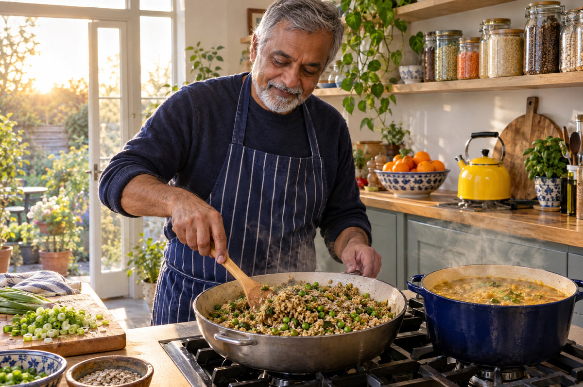 An older man stirs rice and vegetables in a bright kitchen with a yellow kettle on the hob.
