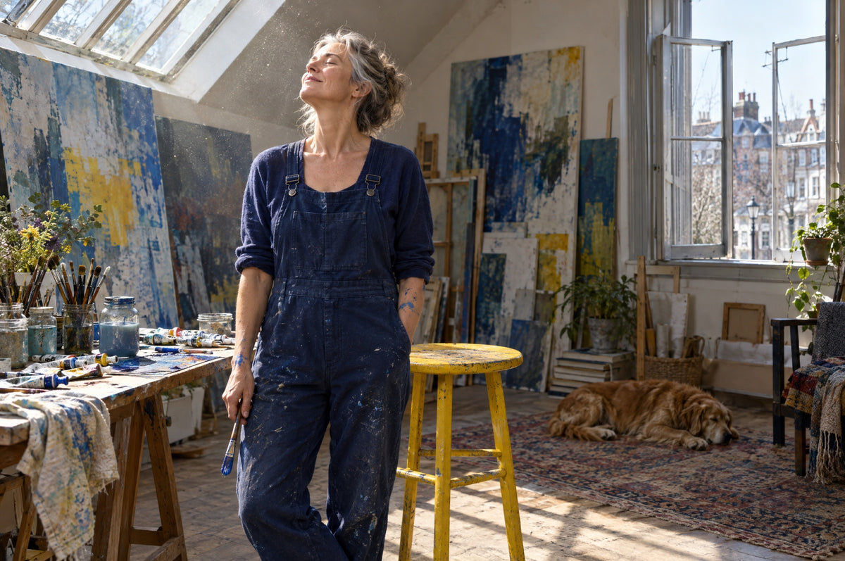 A woman in navy overalls stands with her eyes closed in a shaft of skylight in an art studio beside a yellow stool.