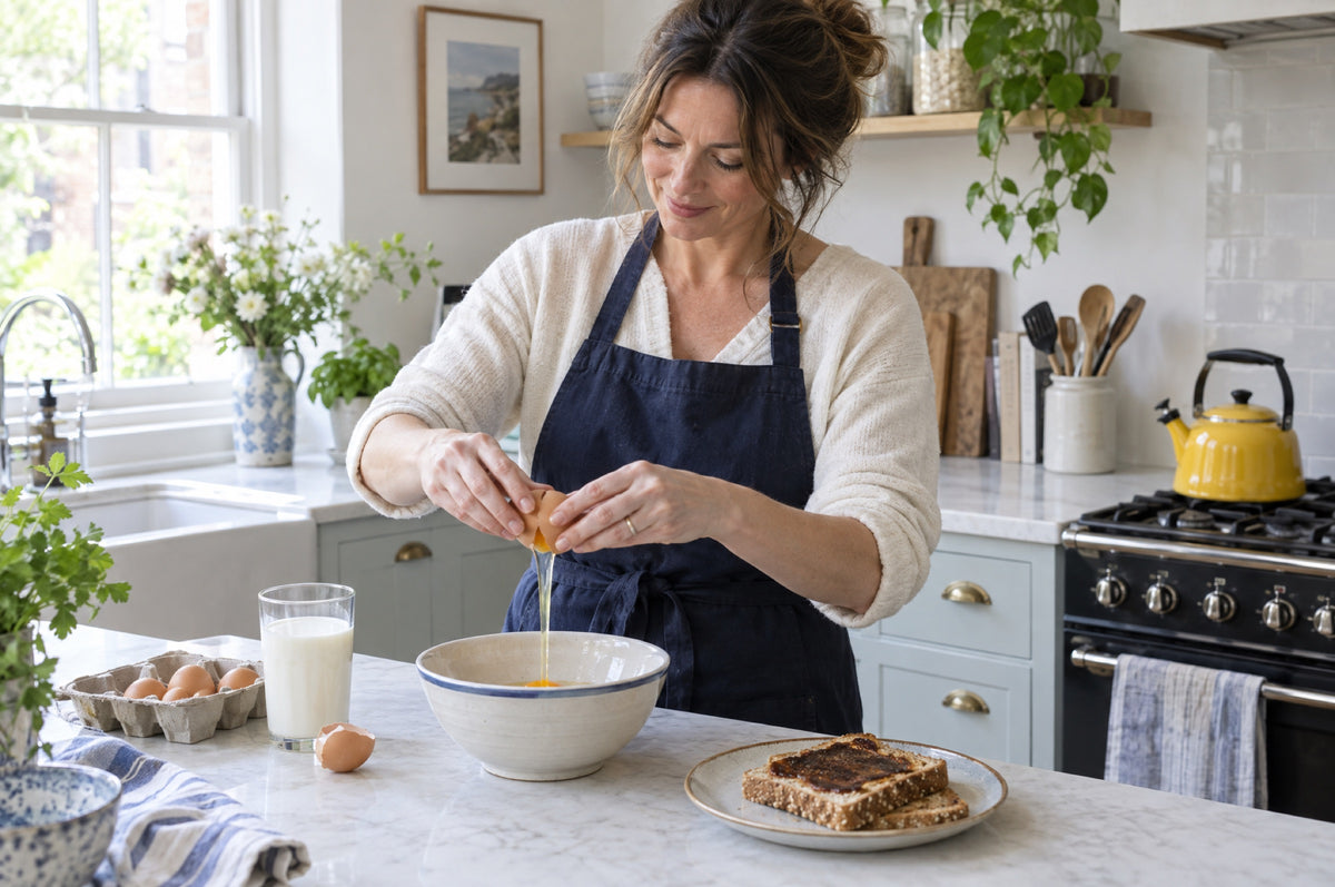 A woman in a navy apron cracks an egg into a bowl in a bright kitchen, a glass of milk, wholemeal toast with yeast extract and a yellow kettle beside her.
