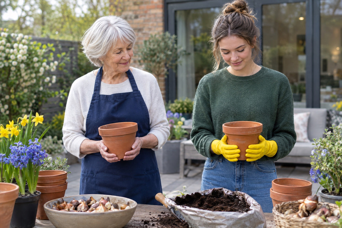 A British grandmother in her seventies and her granddaughter in her twenties repotting daffodil bulbs at a bright garden table, one in a navy gardening apron and the other in yellow gloves, each holding a terracotta pot with both hands visible