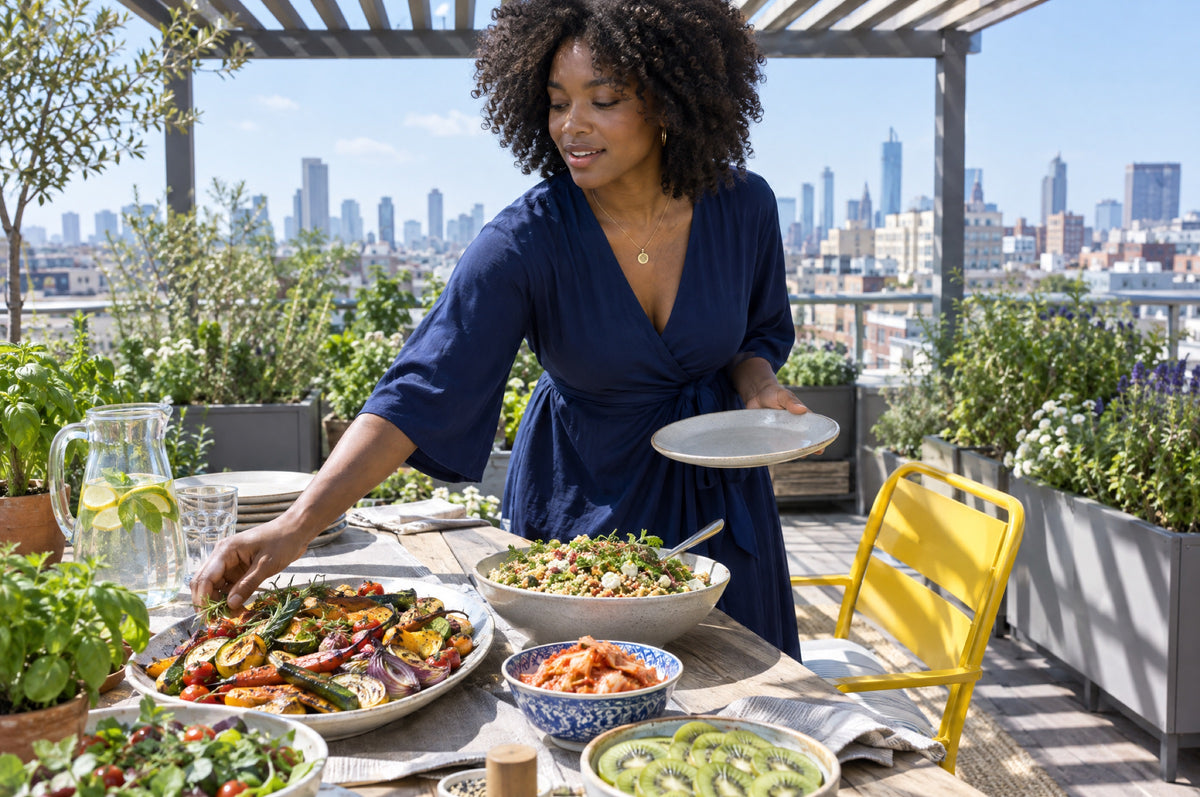 A woman in a navy dress sets out a colourful vegetable lunch on a sunny rooftop with a yellow chair.