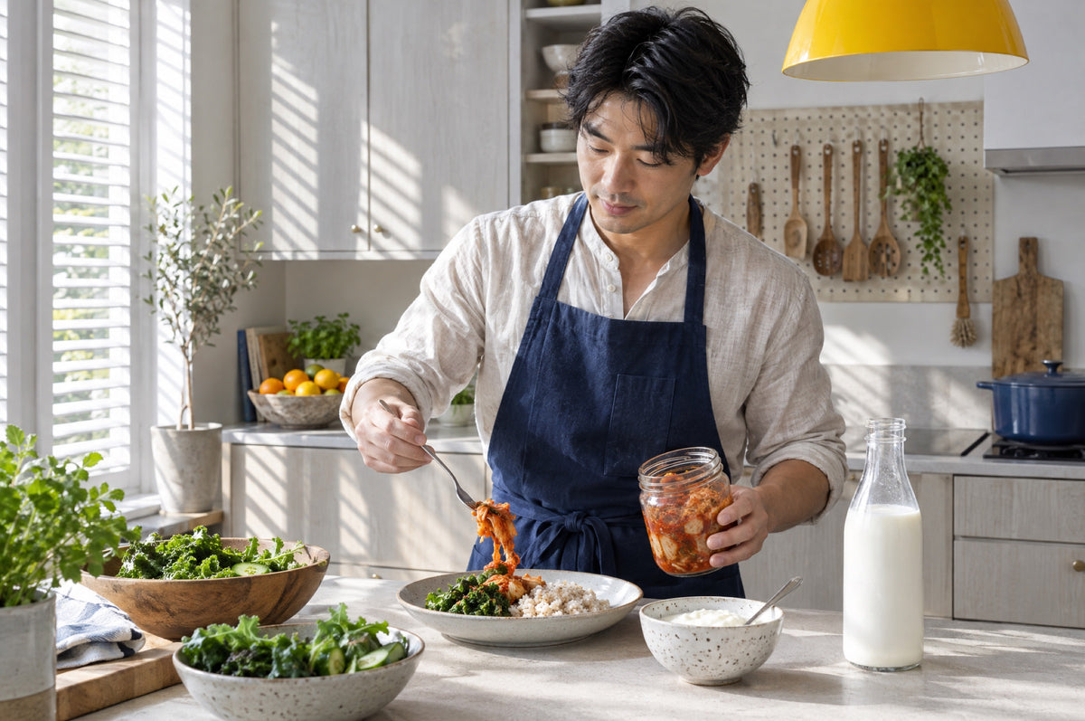 A man serves kimchi from a jar in a bright kitchen under a yellow pendant lamp.