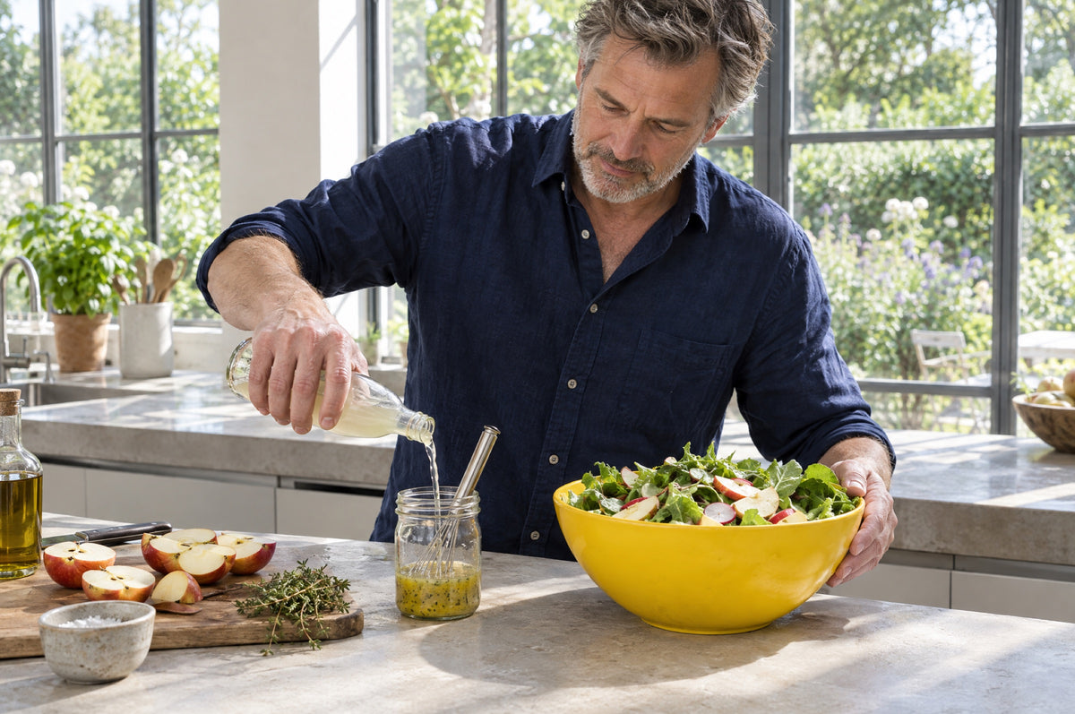 A man in a navy shirt mixes a salad dressing beside a yellow bowl of leaves in a sunny kitchen.