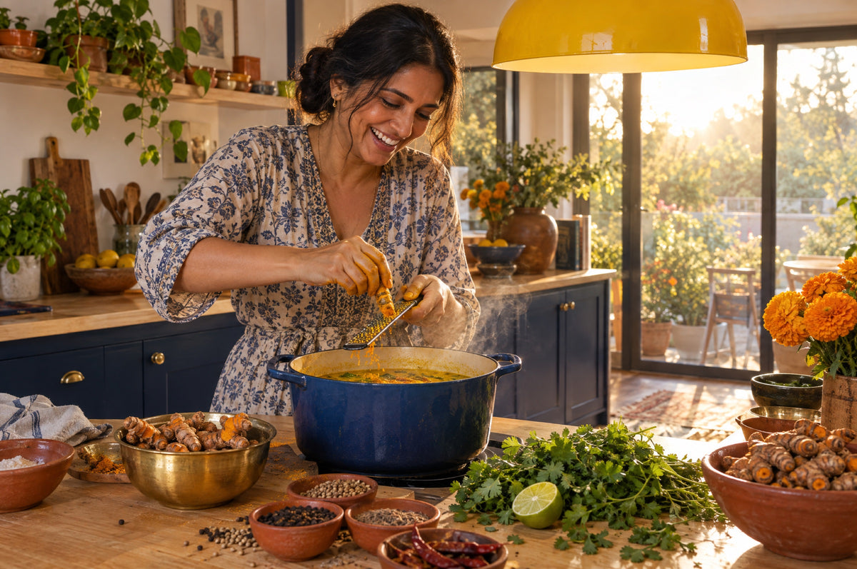 A woman grates fresh turmeric root over a pot in a warm kitchen under a yellow pendant lamp.