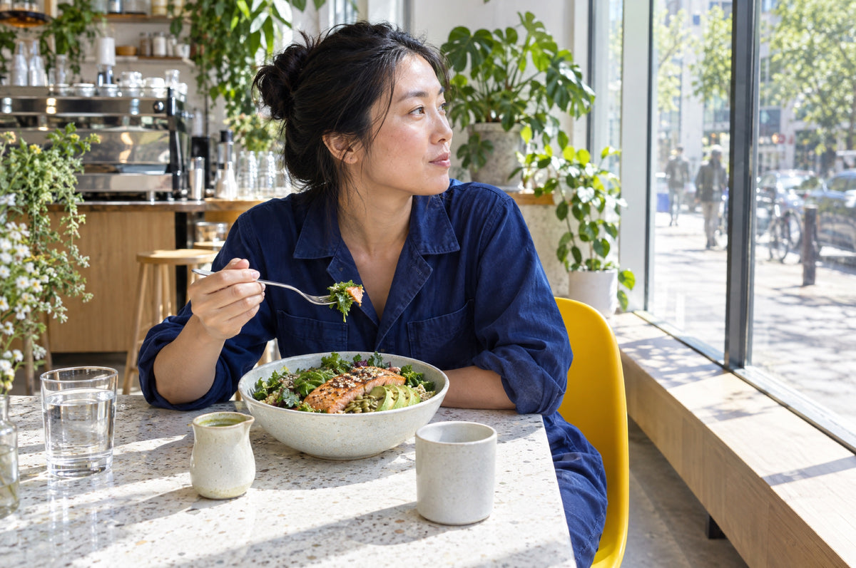 A woman eats a salad bowl at a sunlit café table sitting on a yellow chair.