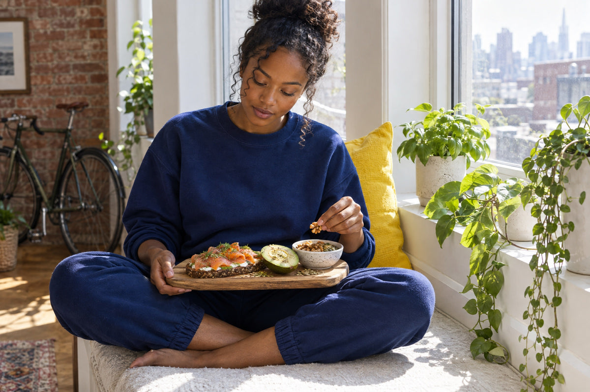 A young woman arranges a breakfast board on a sunny window seat with a yellow cushion behind her.
