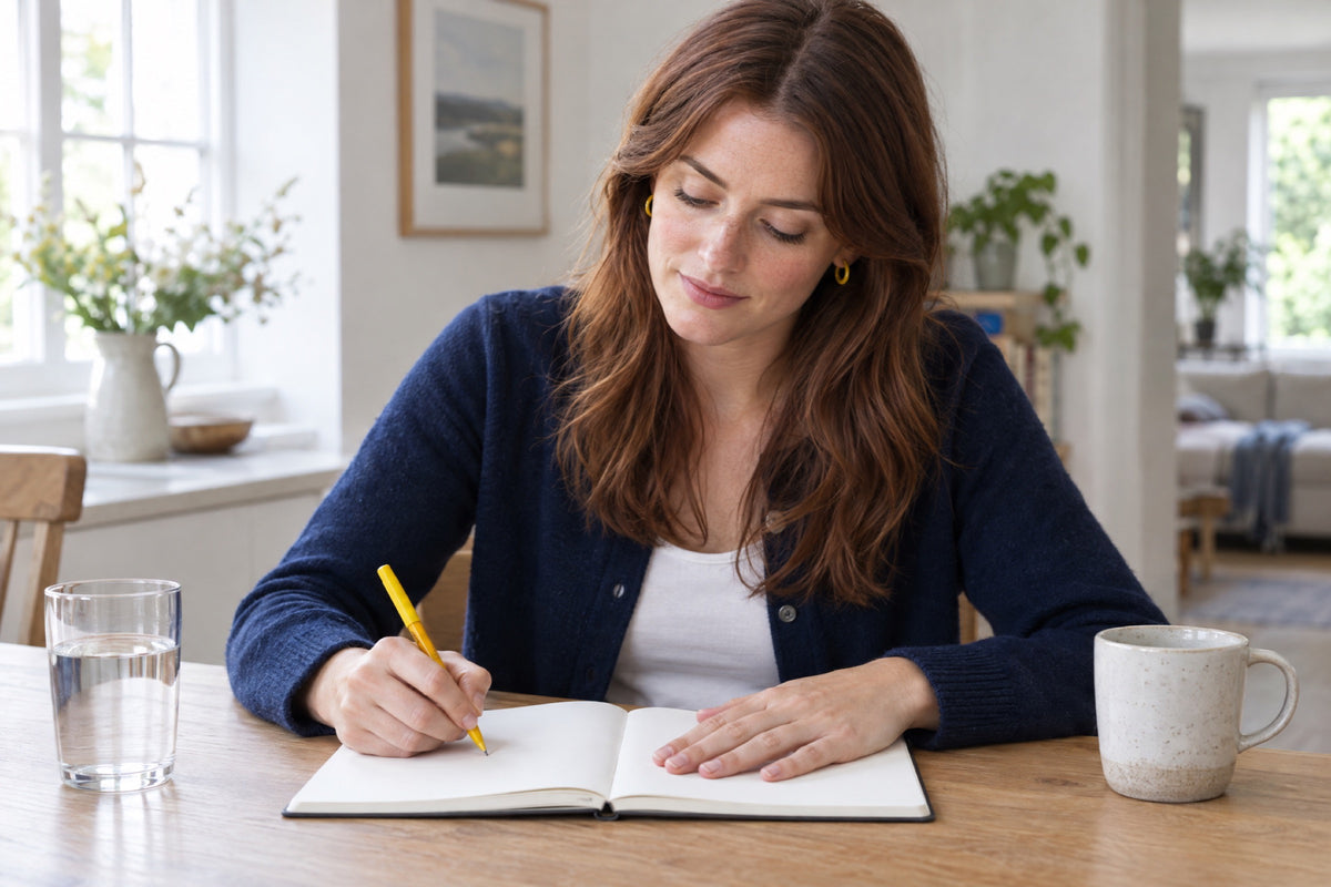A woman in a navy cardigan and yellow hoop earrings writes in a notebook with a yellow pen at a wooden table, a glass of water beside her