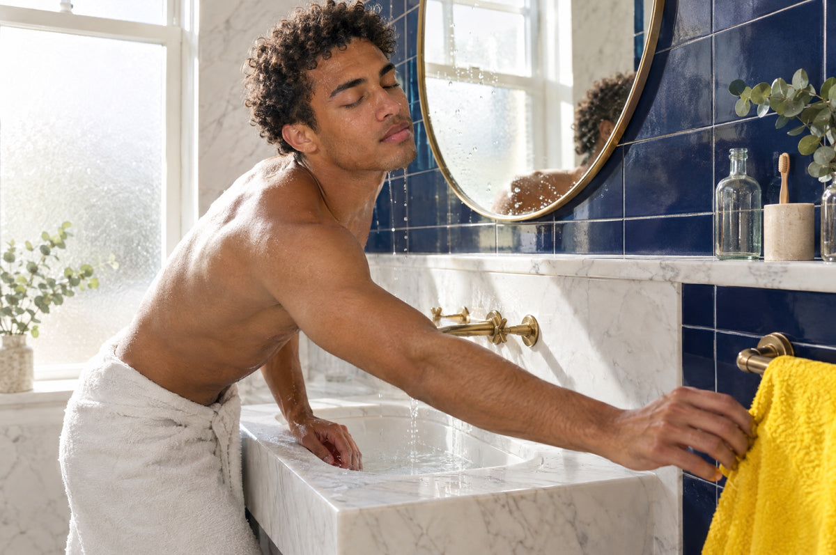 A man rinses his face at a bright bathroom basin and reaches for a yellow towel.