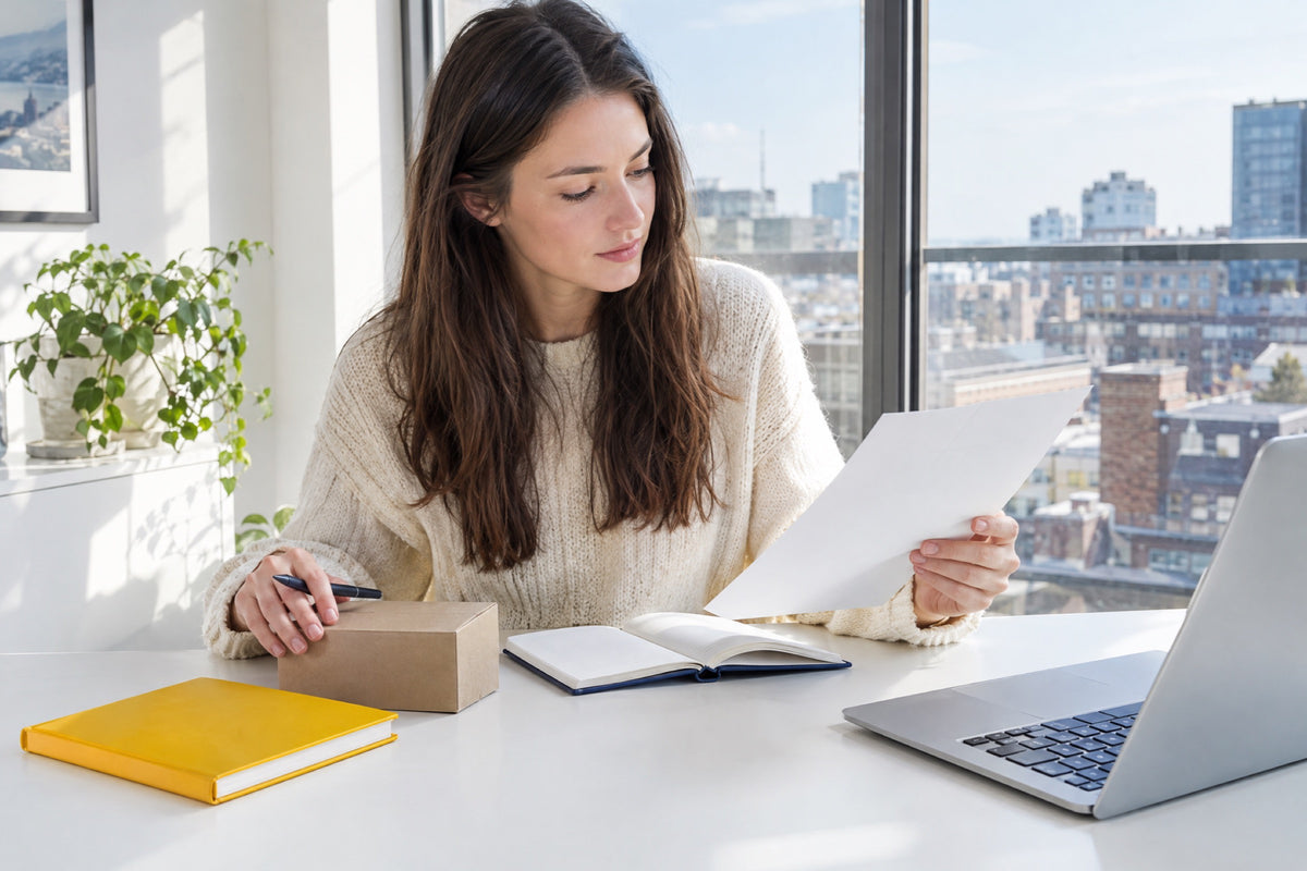 A young woman at a sunlit white desk comparing a printed sheet with a plain box, a bright yellow hardback notebook on the desk beside a navy notebook open next to her laptop, tall window behind