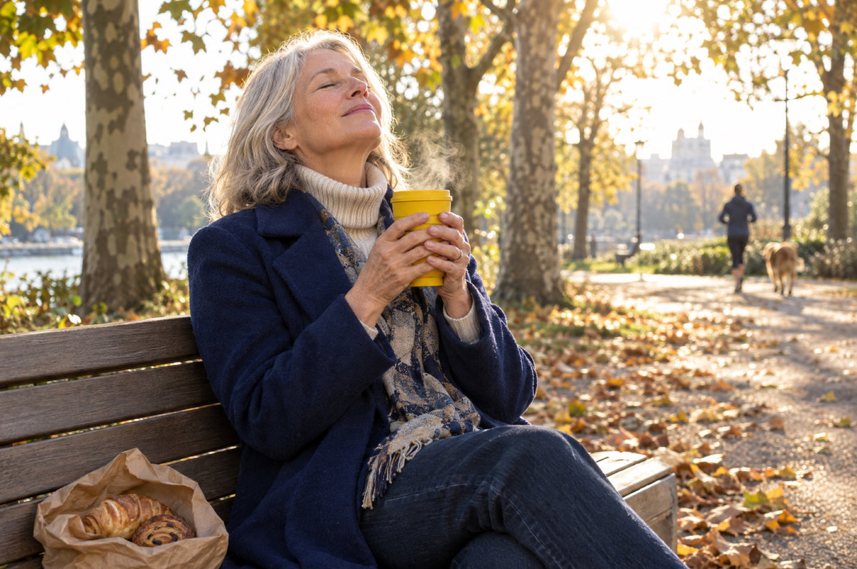 An older woman sits on a park bench holding a yellow cup in low autumn sunshine.