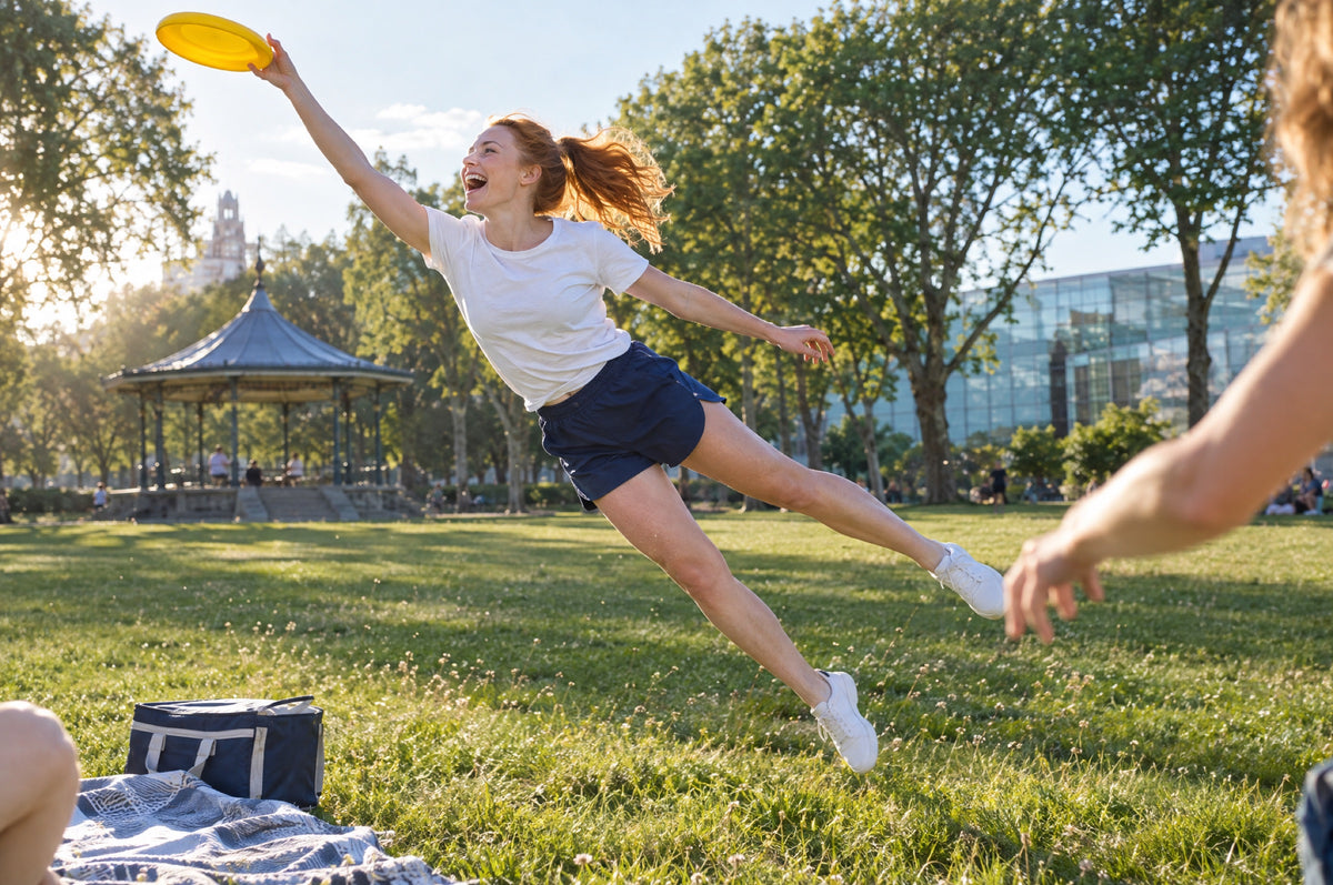 A woman in navy shorts leaps to catch a yellow frisbee on a sunny park lawn.