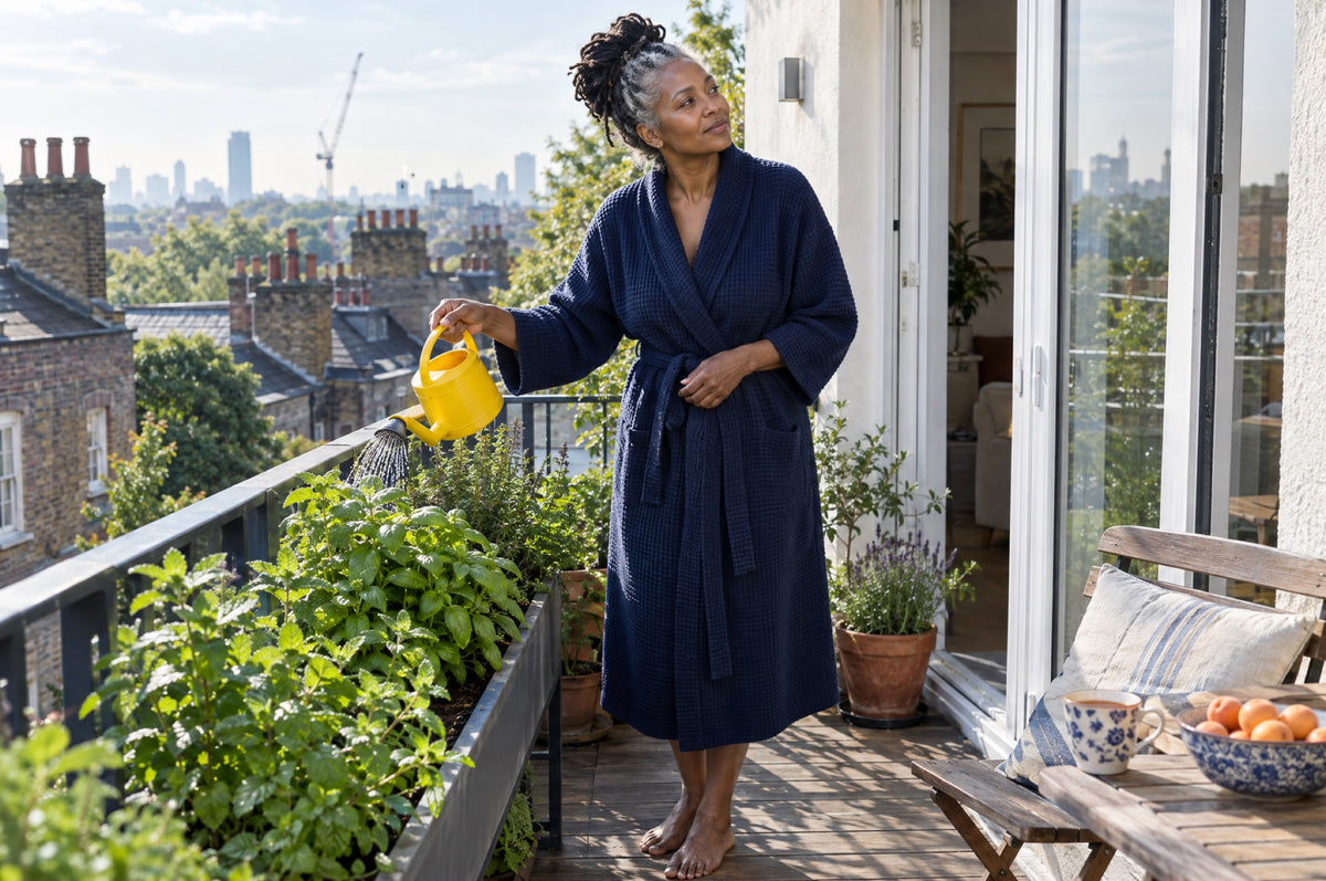 A woman in a navy dressing gown waters herbs with a yellow watering can on a sunny balcony.